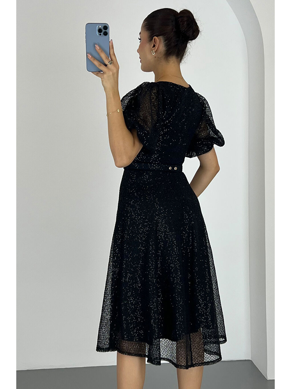 Kadın Siyah Kemerli Pul Payetli Midi Abiye Elbise-4