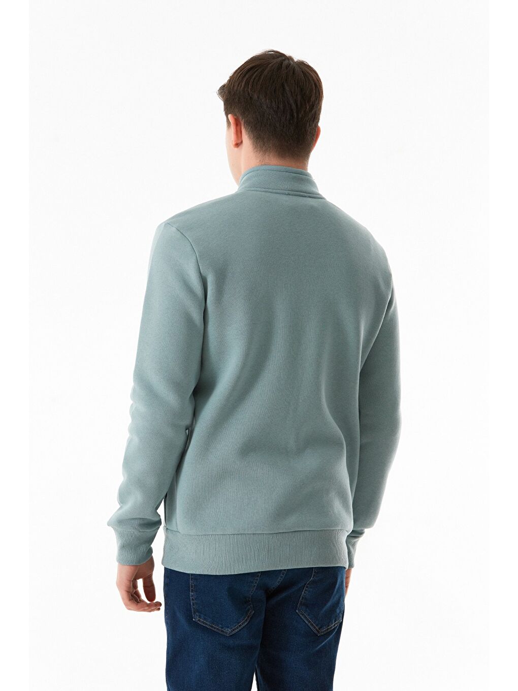 Yeşil 3 İplik Harf Baskılı  Dik Yaka Fermuarlı Sweatshirt-4