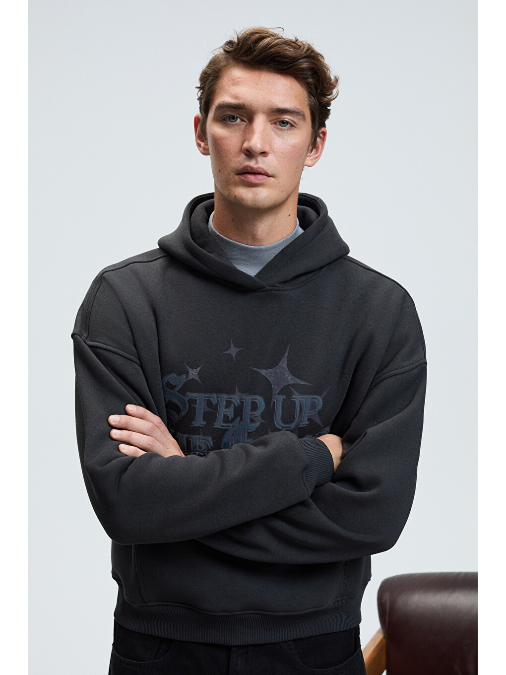Truett Erkek Kapüşonlu Kanguru Cepli Önü Ve Sırtı Baskılı Oversize Antrasit Sweatshirt-4