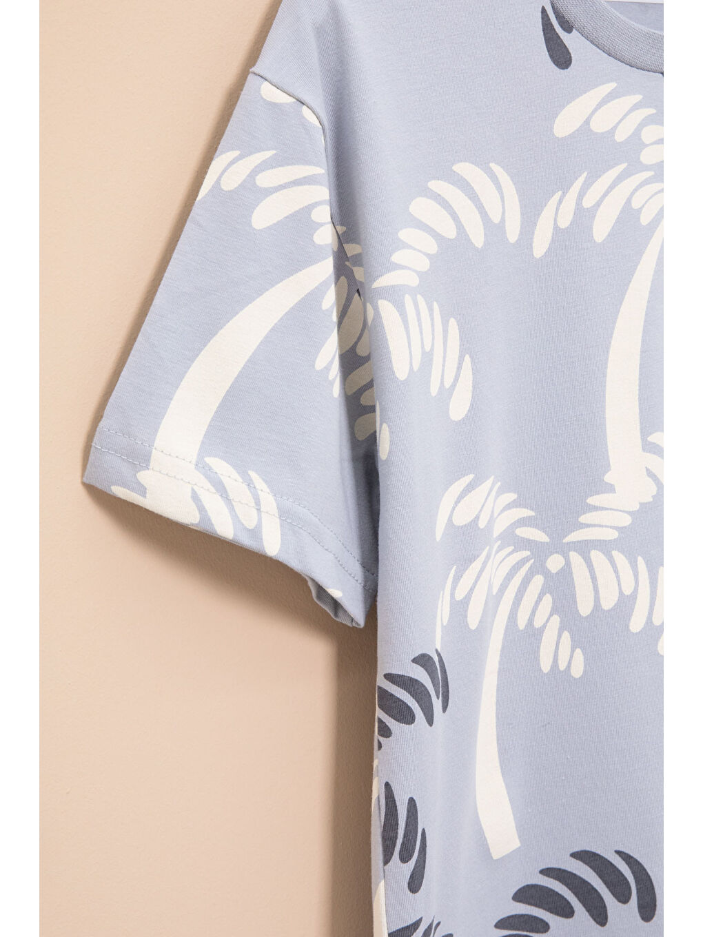 Gri Palmiye Desenli Yazılı Cepli Erkek Çocuk Bisiklet Yaka Tişört 20930-3