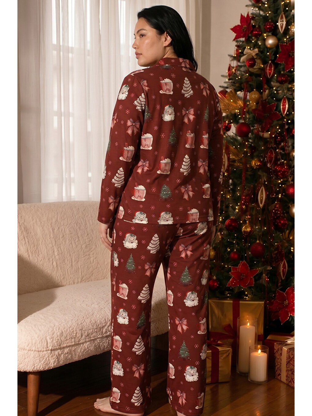 Bordo Yılbaşı Temalı Desenli Termal Kumaşlı Ultra Soft Yumuşak Büyük Beden Battal Boy Düğmeli Örme P-2