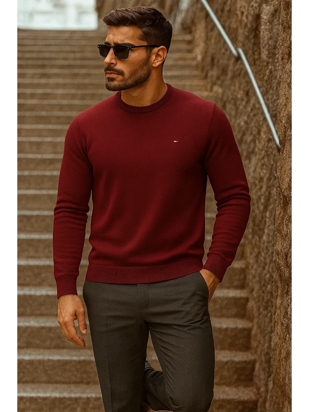 Erkek Günlük Trend Bisiklet Yaka Bordo Triko Kazak-2