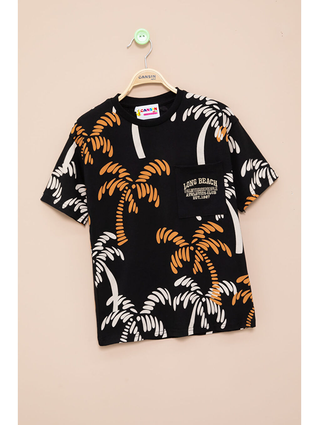 Siyah Palmiye Desenli Yazılı Cepli Erkek Çocuk Bisiklet Yaka Tişört 20931