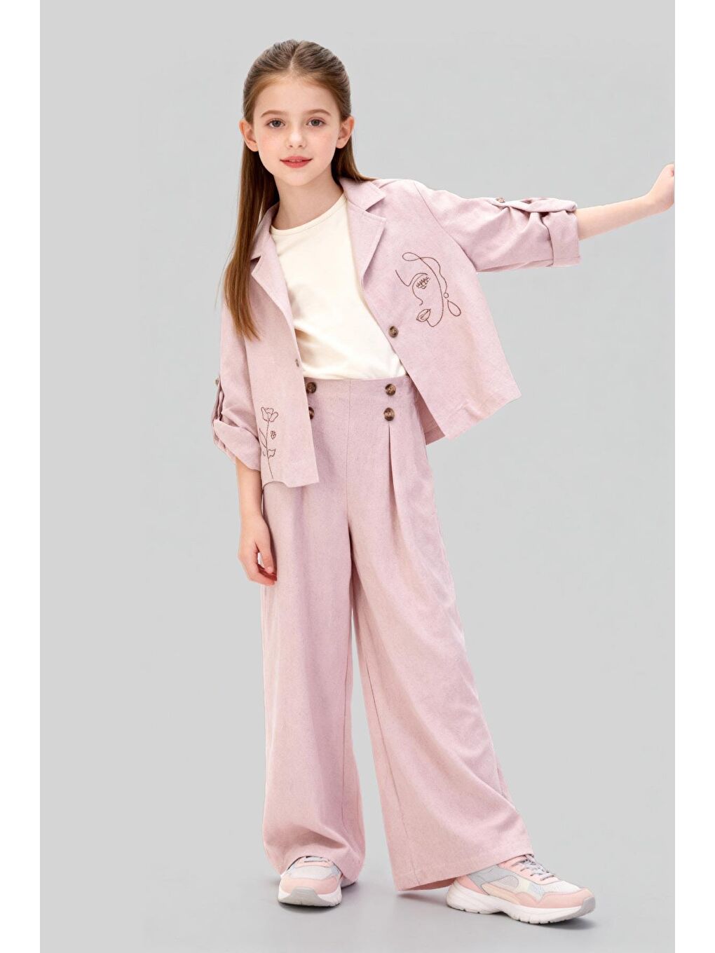 Pembe Kız Çocuk Pamuklu Pudra Nakışlı Ceket Pantolon Takım - 3'Lü-1