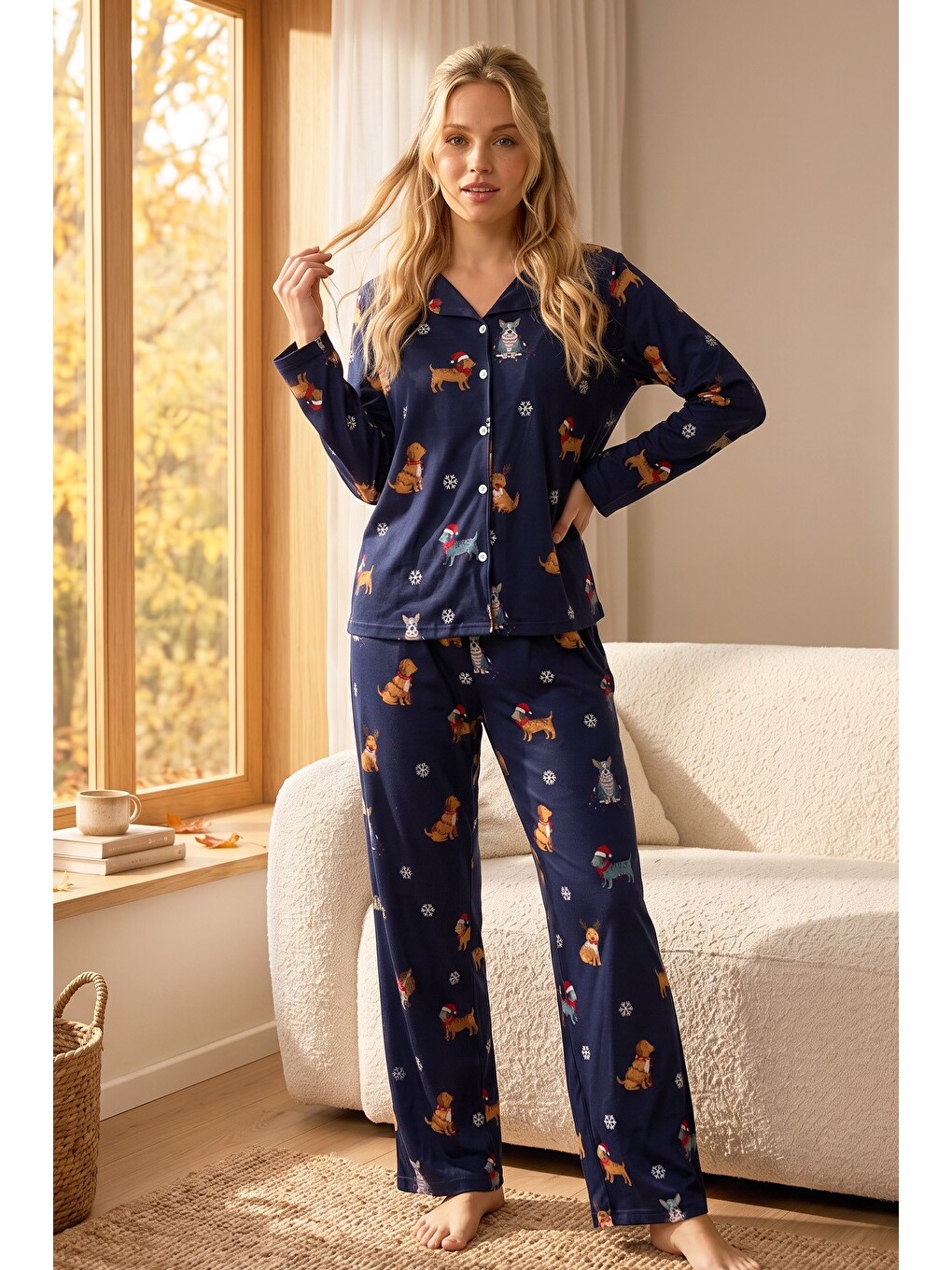 Lacivert Desenli Termal Kumaşlı Ultra Soft Yumuşak Düğmeli Örme Pijama Takımı-1