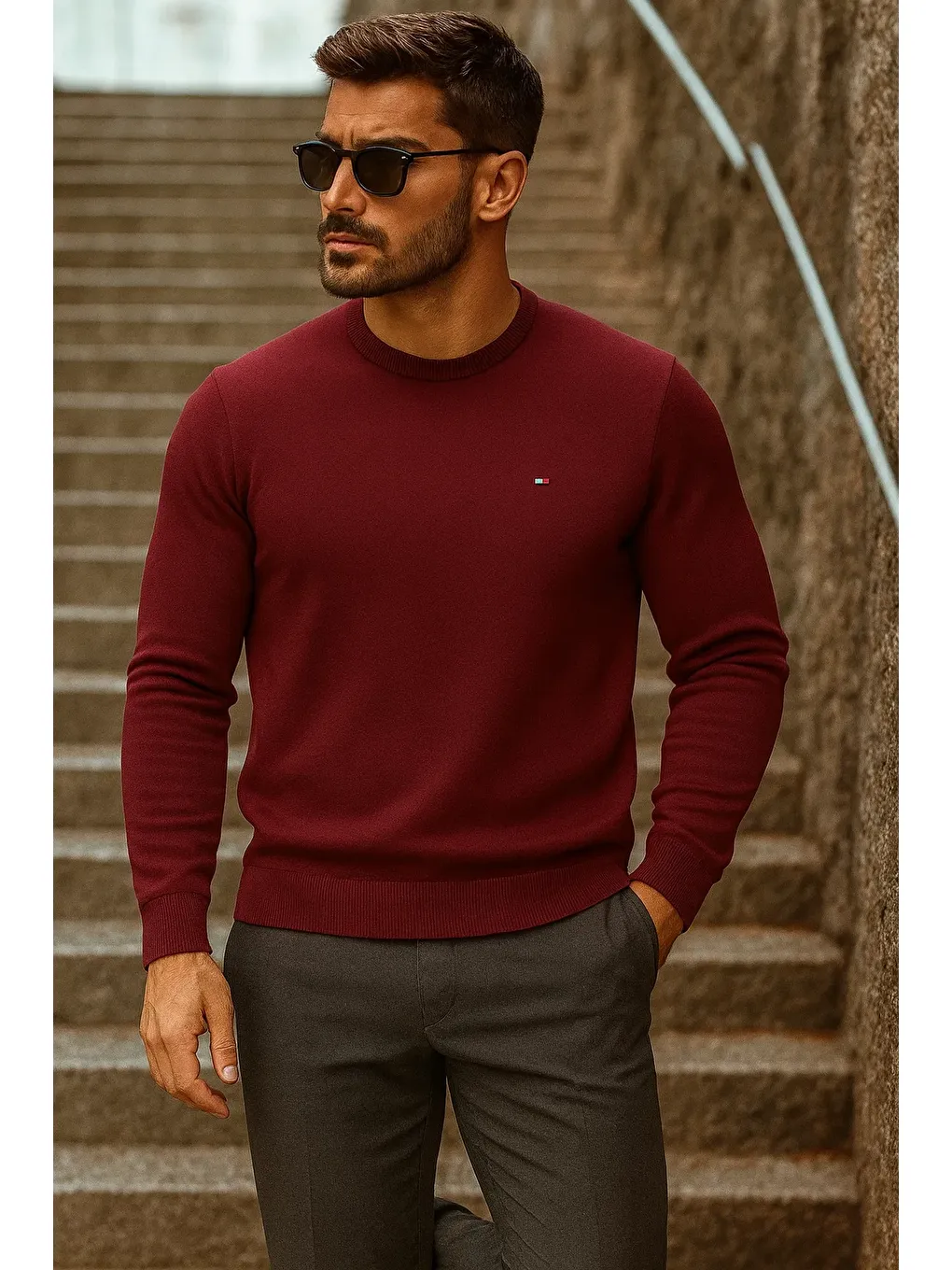 Erkek Günlük Trend Bisiklet Yaka Bordo Triko Kazak-3