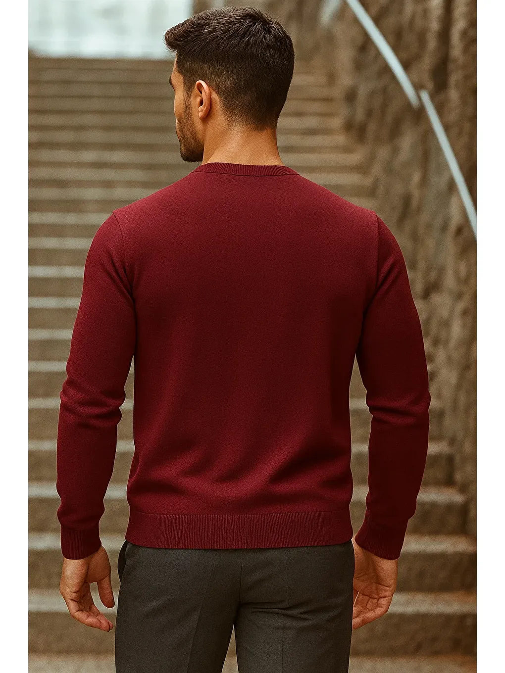 Erkek Günlük Trend Bisiklet Yaka Bordo Triko Kazak-4