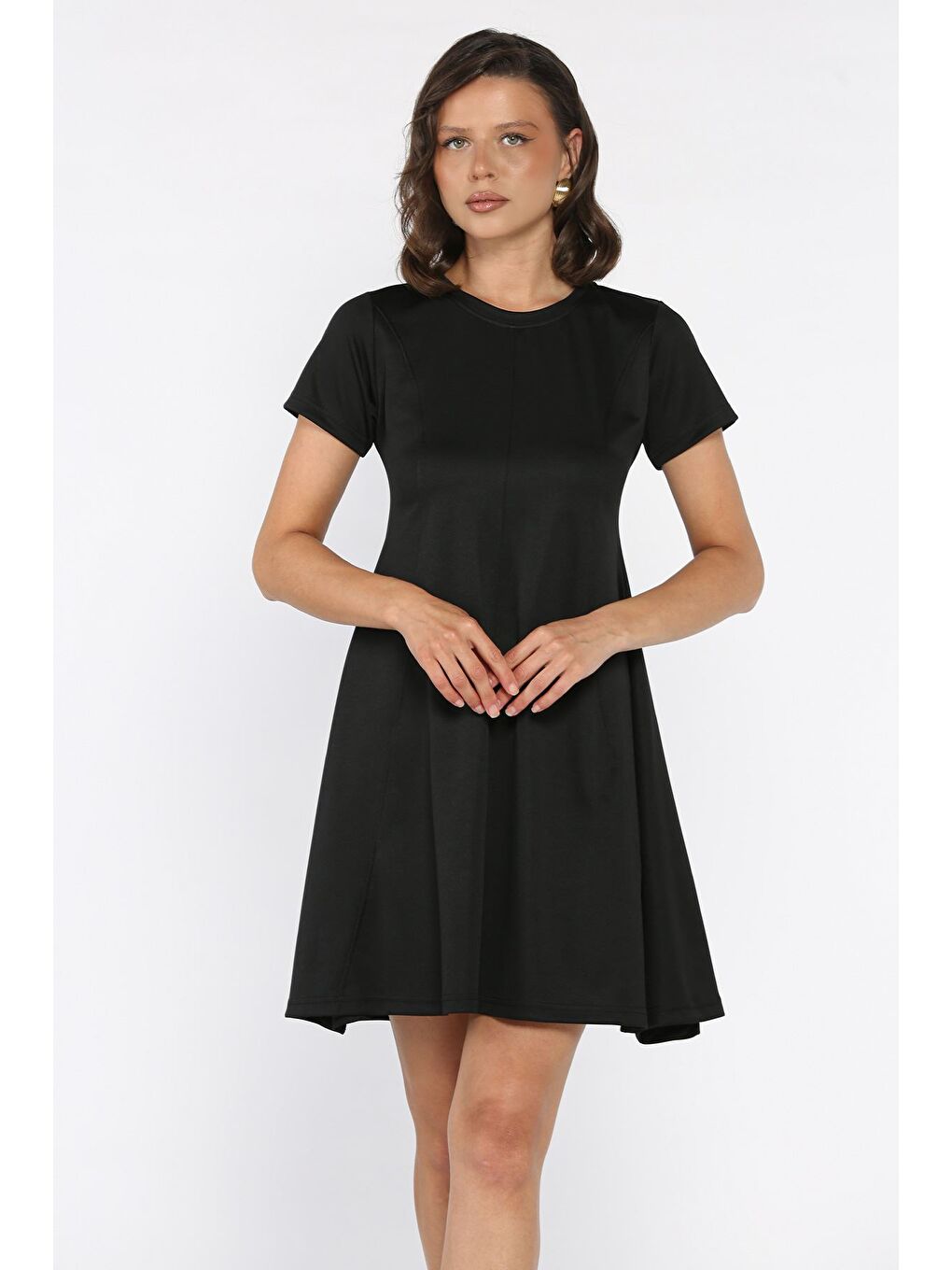 Siyah Bisiklet Yaka Kadın Mini Elbise-1