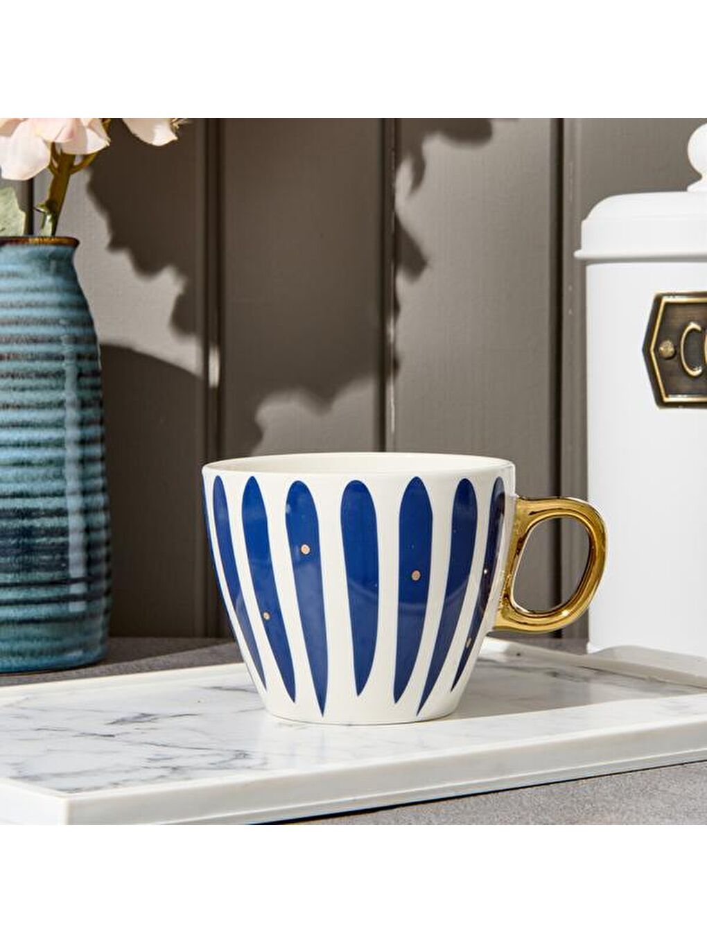 Karışık Kitchen New Bone Çizgili Gold Kulplu Kupa - Renkli - 430 ml