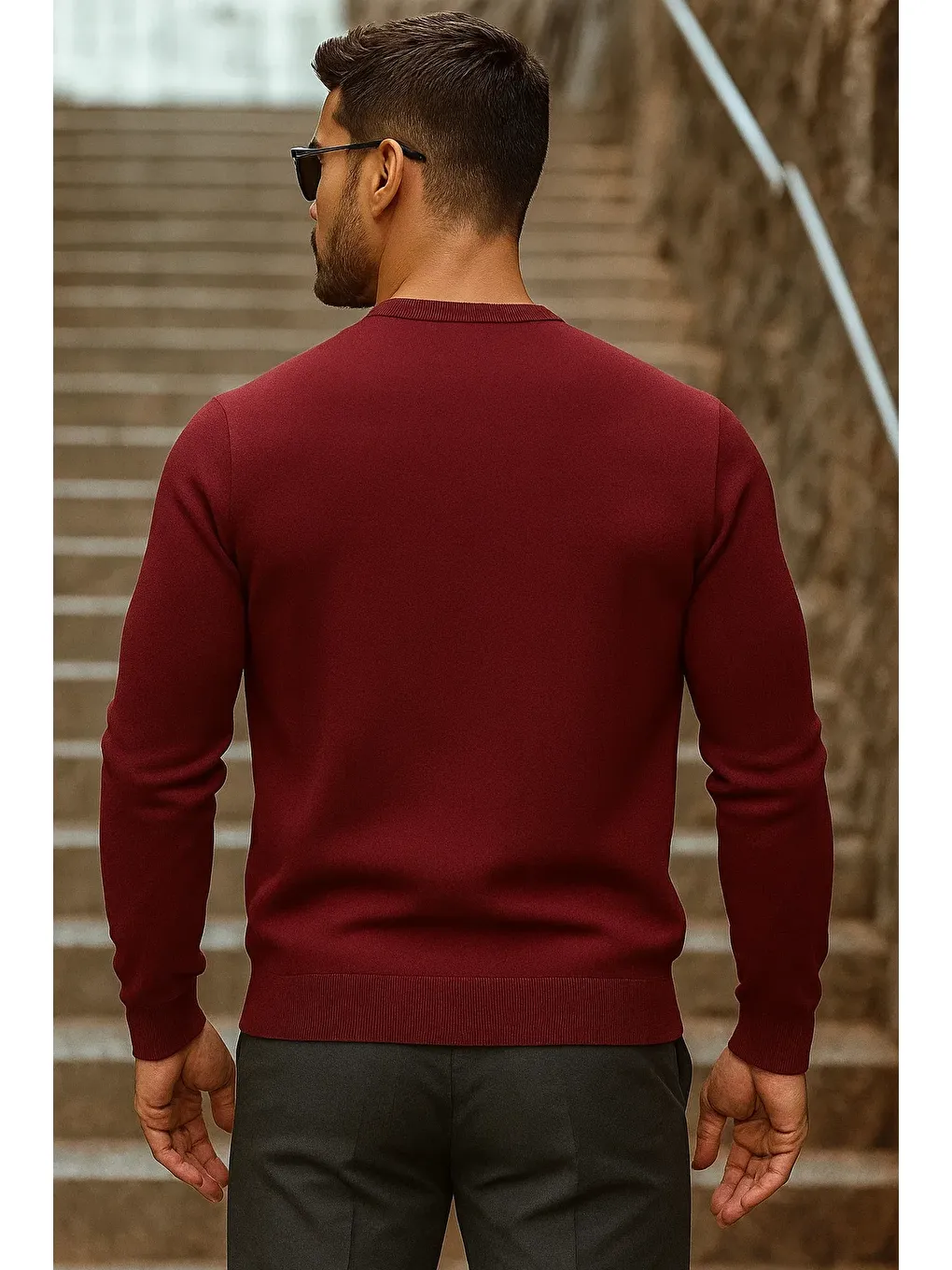 Erkek Günlük Trend Bisiklet Yaka Bordo Triko Kazak-5