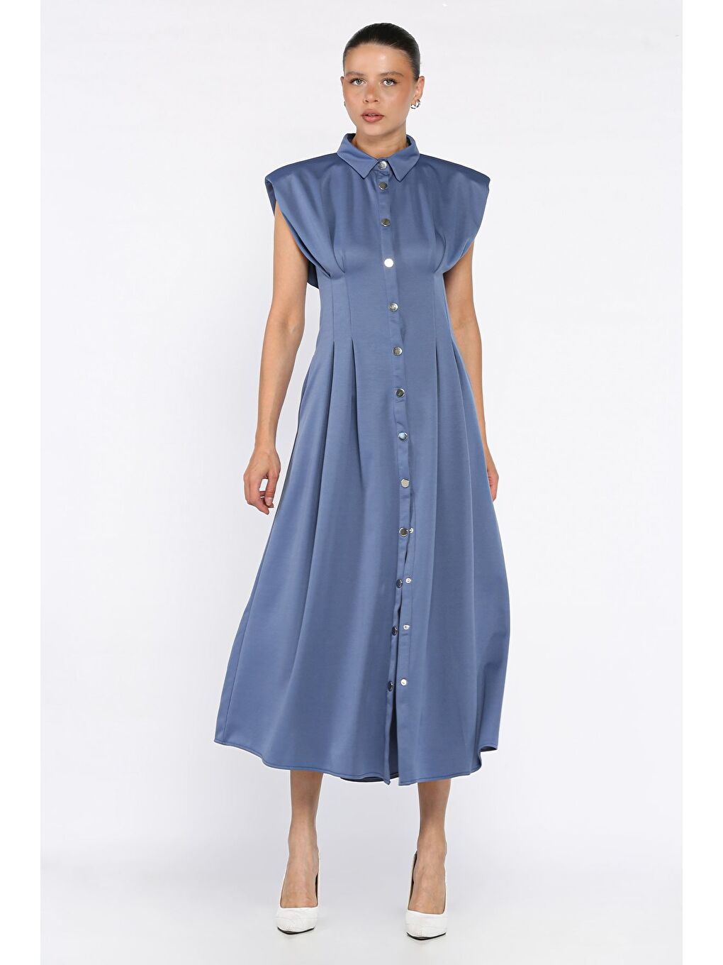 İndigo Pileli Ön Çıtçıtlı Sıfır Kol Kadın Elbise-1