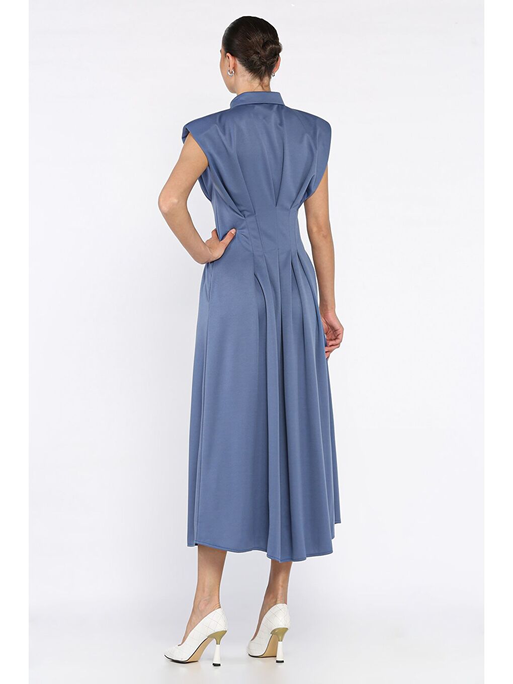 İndigo Pileli Ön Çıtçıtlı Sıfır Kol Kadın Elbise-2