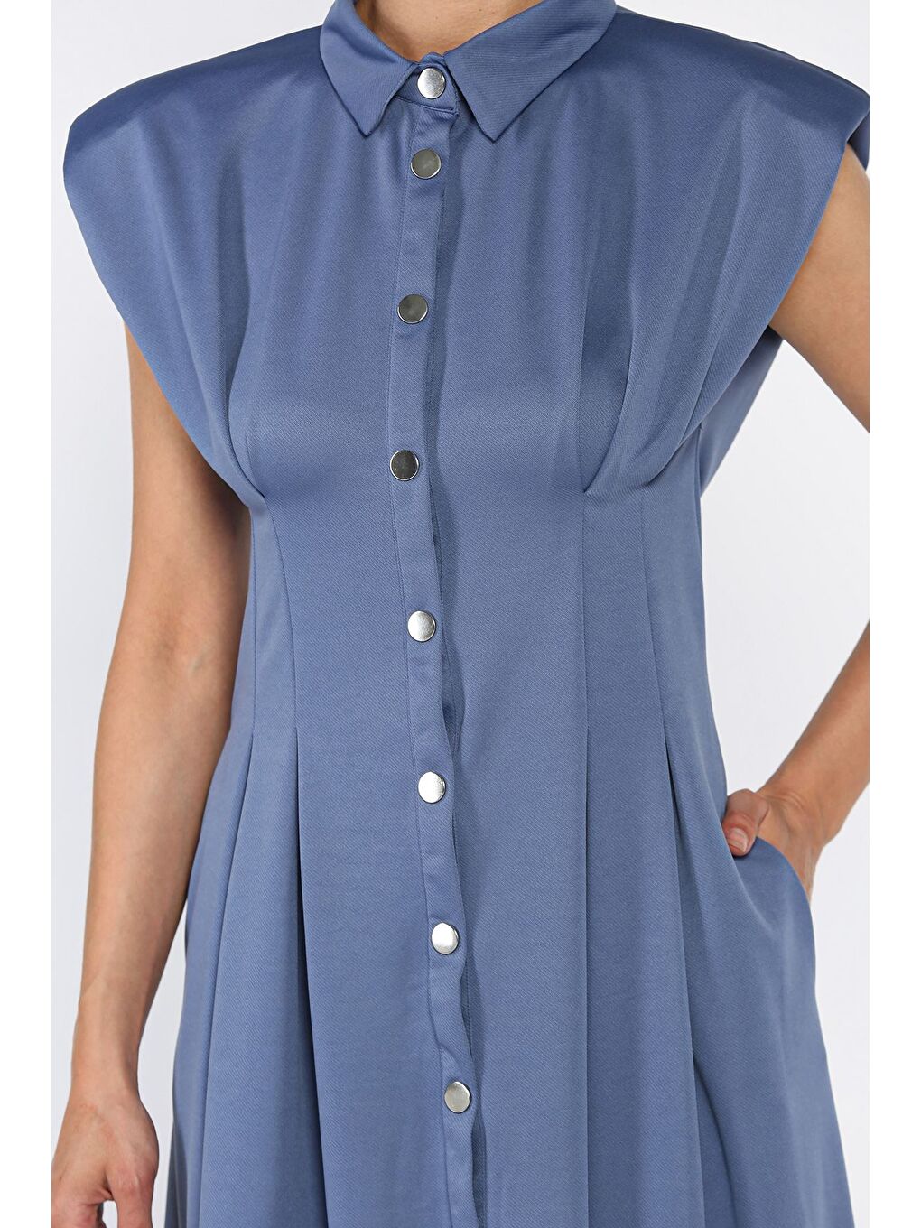 İndigo Pileli Ön Çıtçıtlı Sıfır Kol Kadın Elbise-3