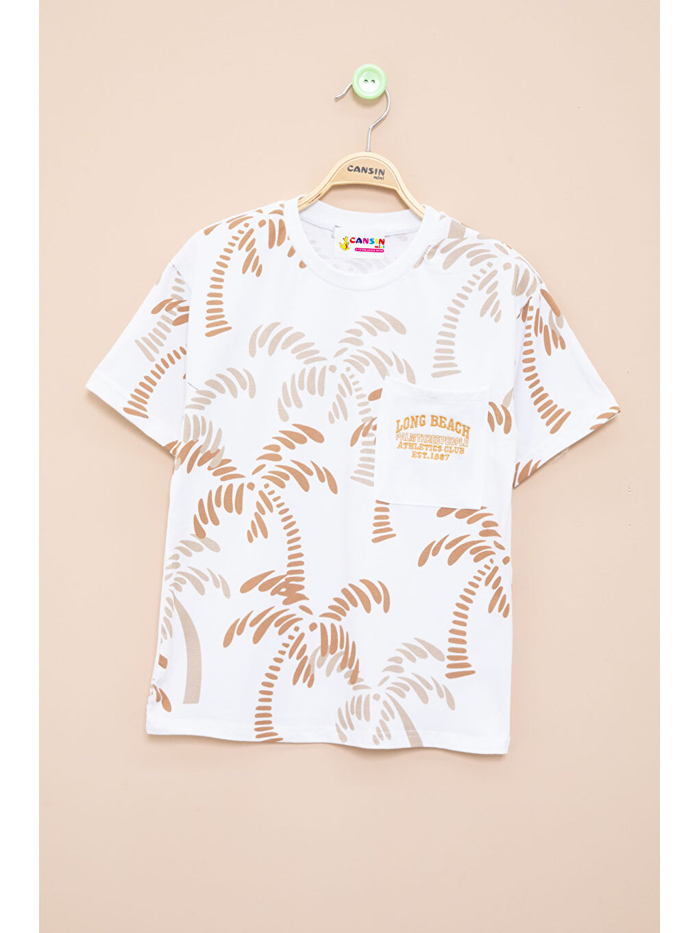 Ekru Palmiye Desenli Yazılı Cepli Erkek Çocuk Bisiklet Yaka Tişört 20932