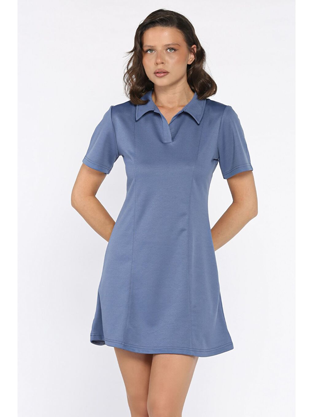 İndigo Polo Yaka Kadın Mini Elbise-1