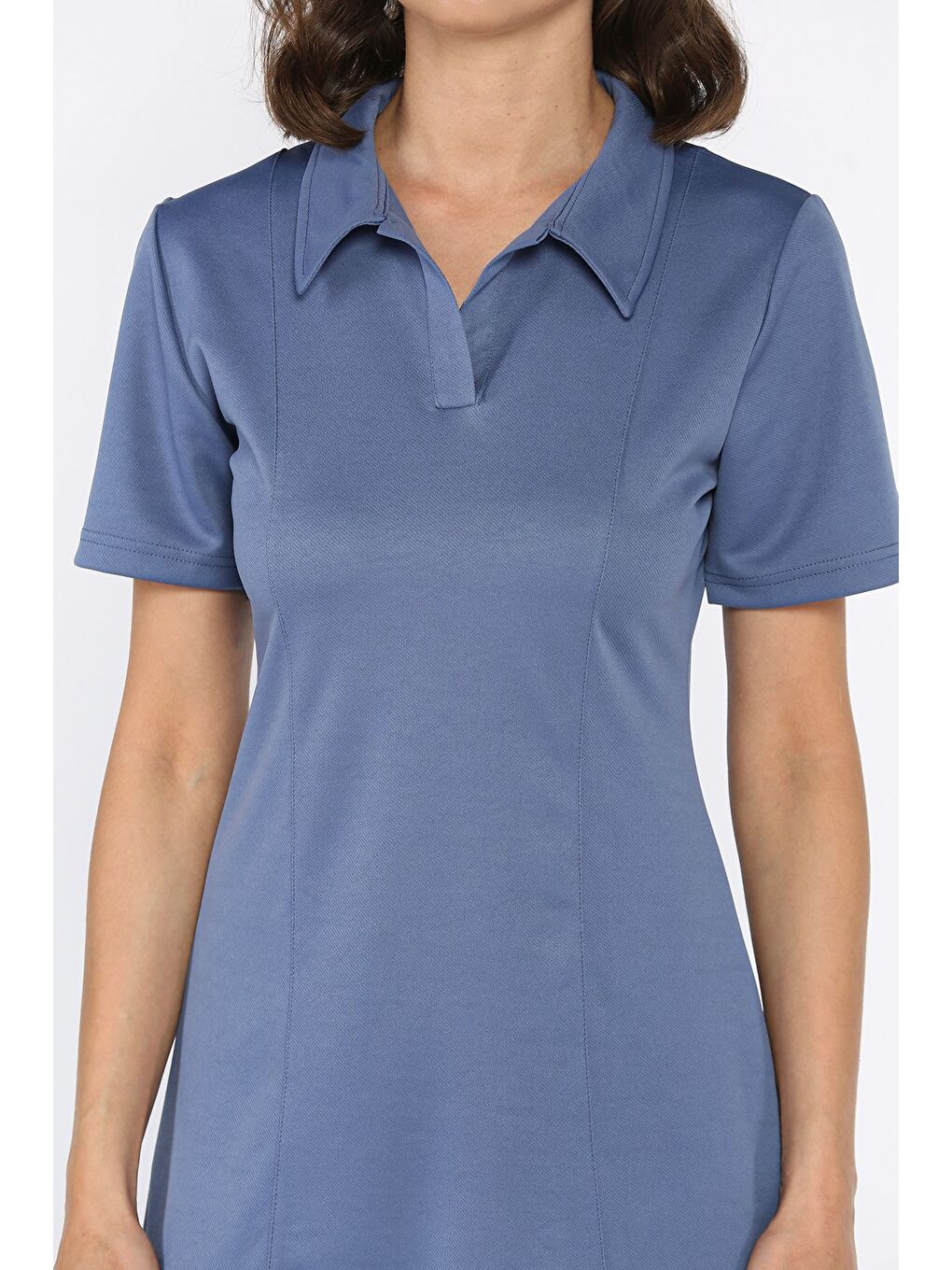 İndigo Polo Yaka Kadın Mini Elbise-3