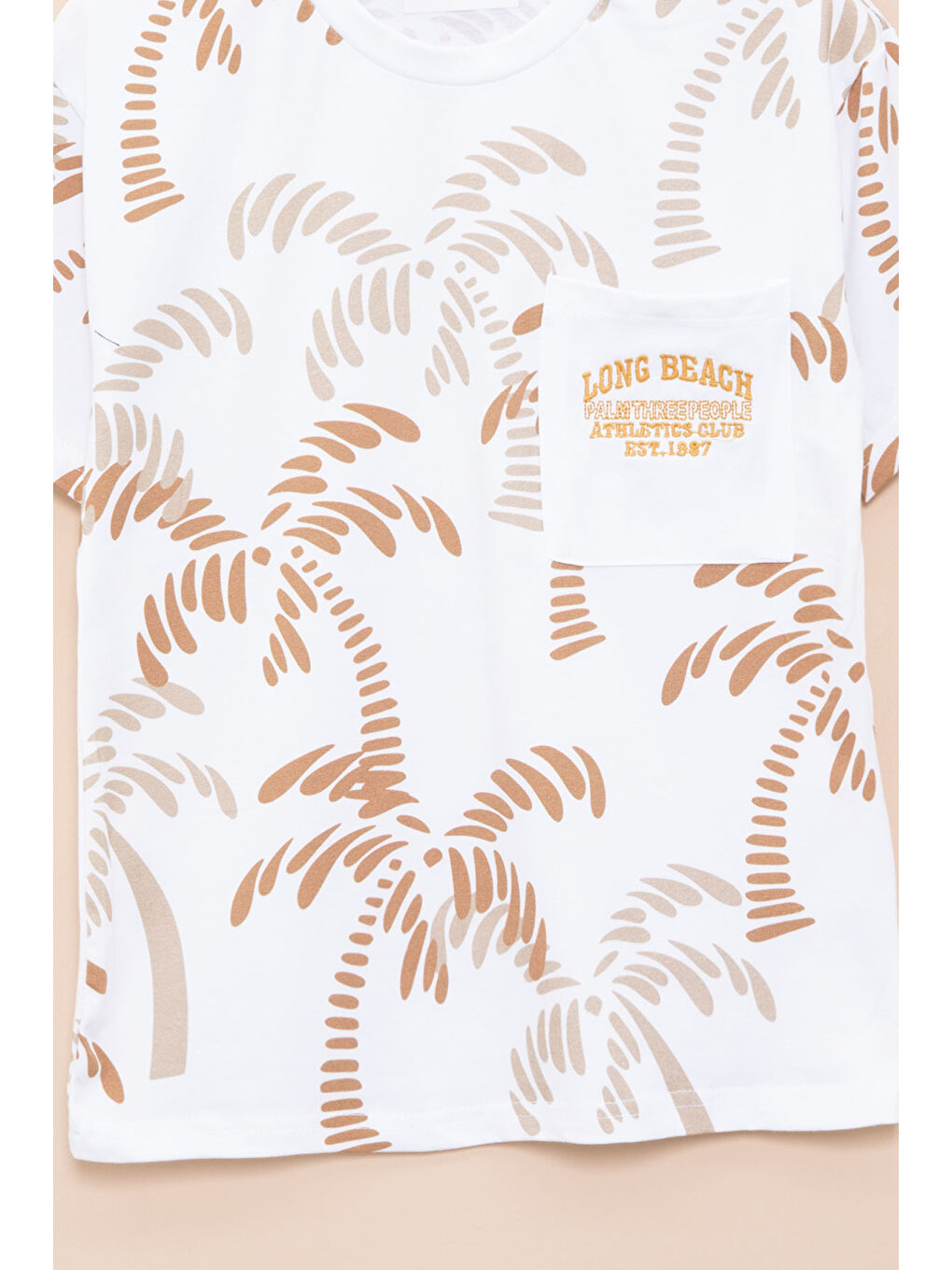 Ekru Palmiye Desenli Yazılı Cepli Erkek Çocuk Bisiklet Yaka Tişört 20932-1