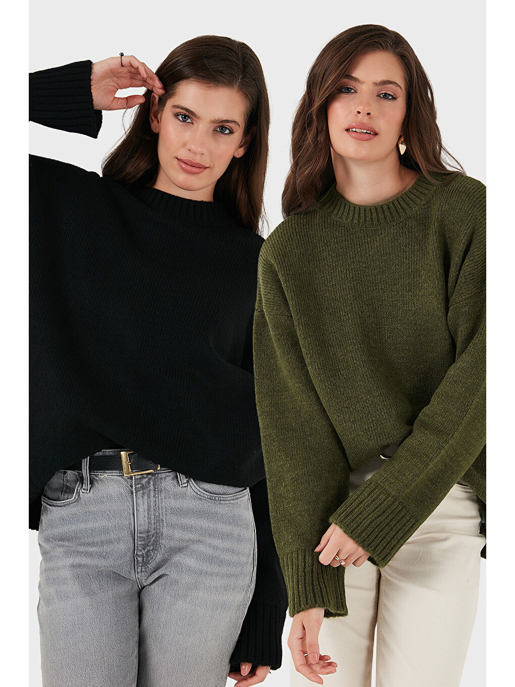 Haki Regular Fit Bisiklet Yaka Basic 2'li Paket Triko Kazak 4616213S2