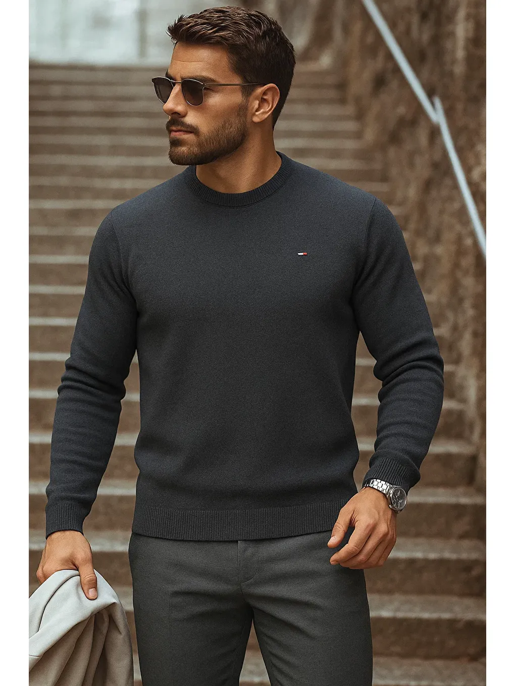 Gri Erkek Günlük Trend Bisiklet Yaka Füme Triko Kazak