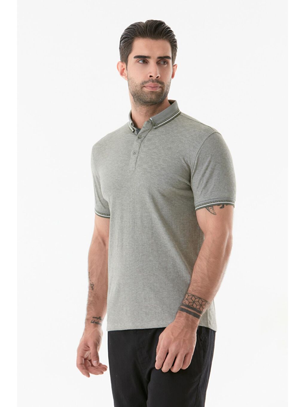 Haki Basic Polo Yaka Düğmeli Tişört-1