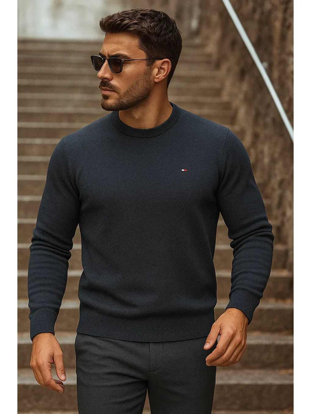 Gri Erkek Günlük Trend Bisiklet Yaka Füme Triko Kazak-1