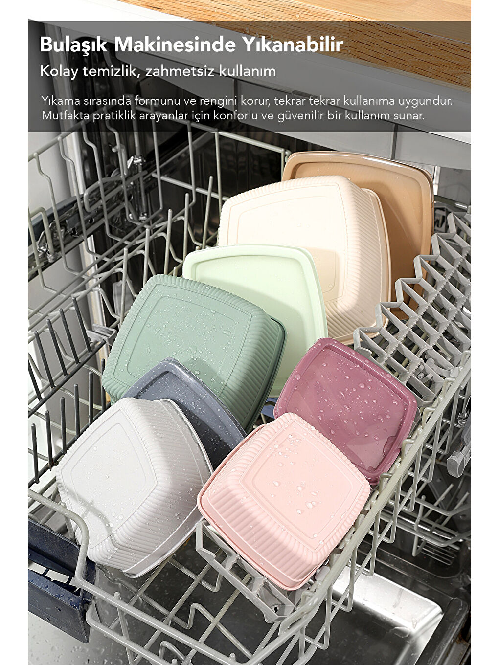 Bej 20'li Çizgili Kare Gıda Saklama Kabı Seti-4