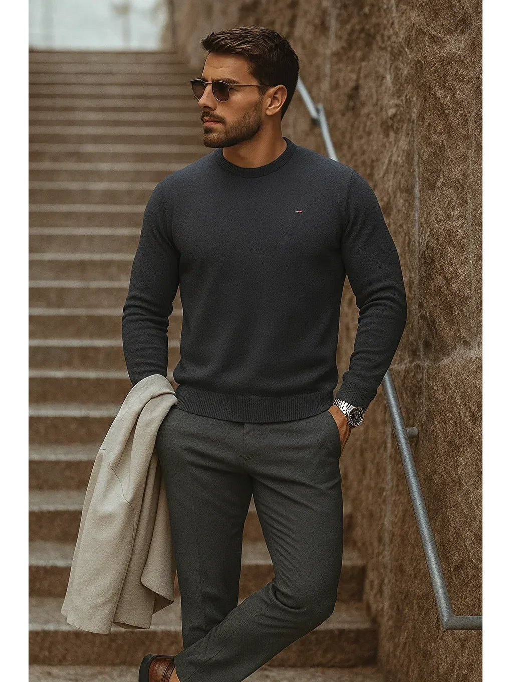 Gri Erkek Günlük Trend Bisiklet Yaka Füme Triko Kazak-2