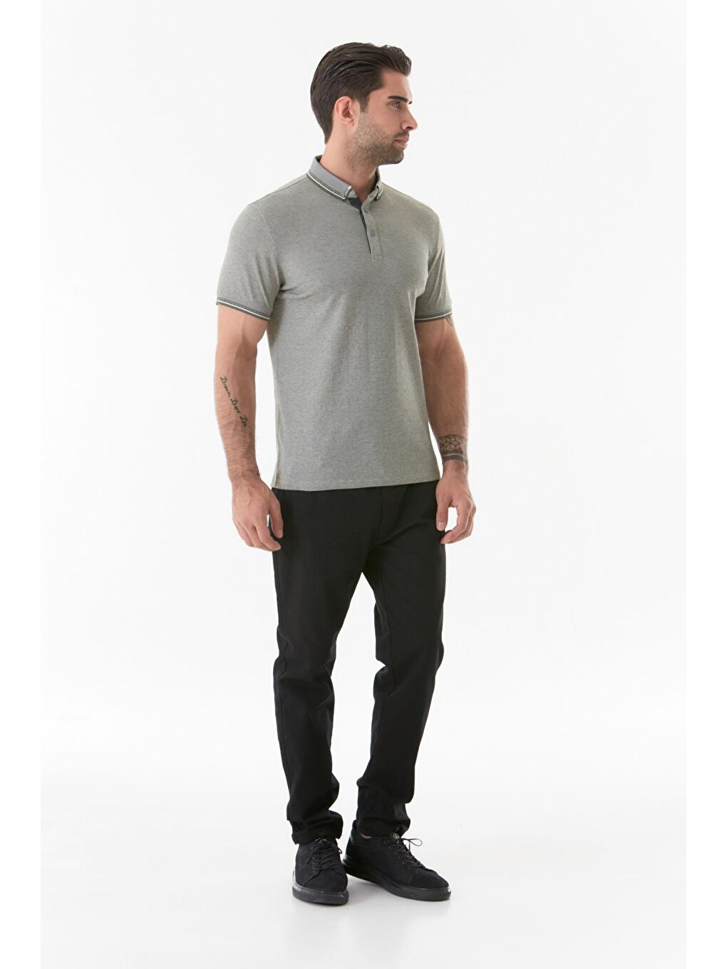 Haki Basic Polo Yaka Düğmeli Tişört-2