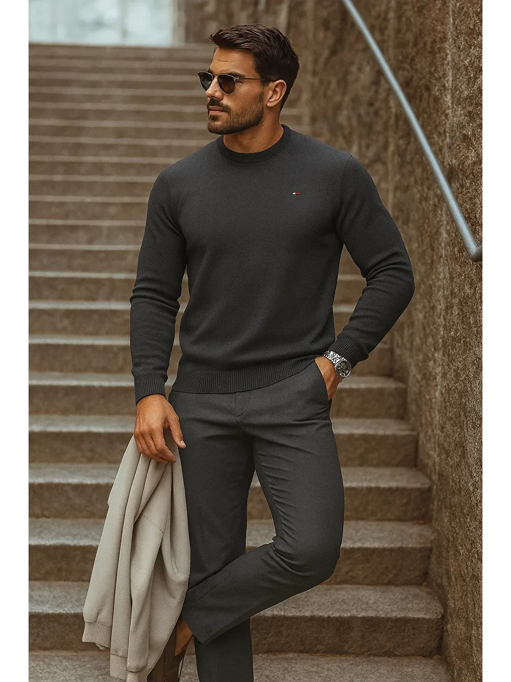 Gri Erkek Günlük Trend Bisiklet Yaka Füme Triko Kazak-3