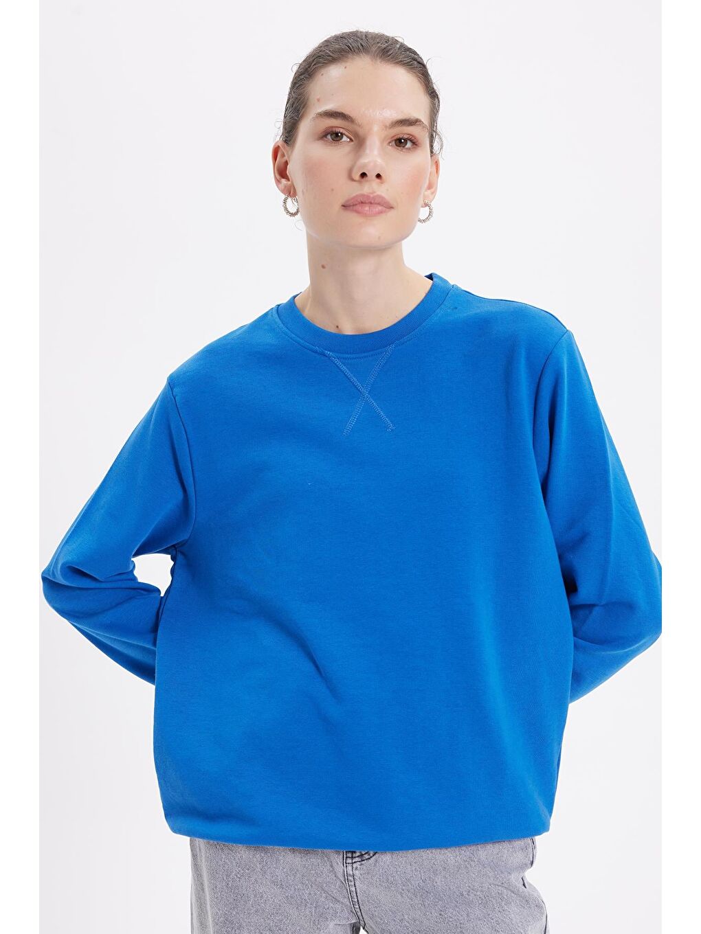 Kadın Oversize Geniş Kesim %100 Pamuk 3 İplik Basic Lacivert Bisiklet Yaka Sweatshirt-1
