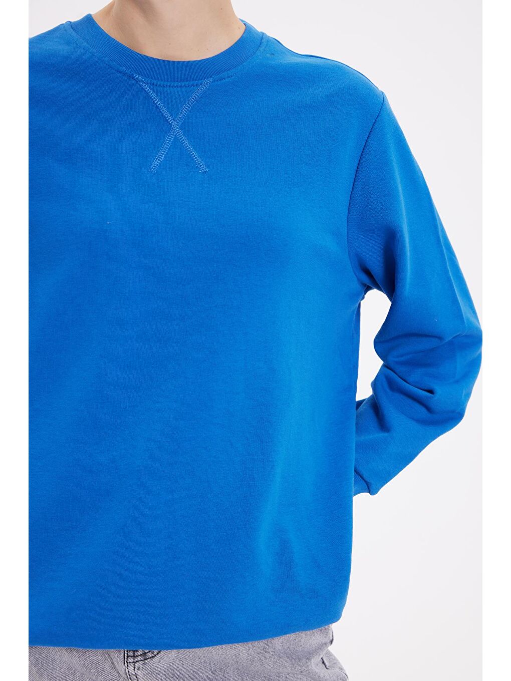 Kadın Oversize Geniş Kesim %100 Pamuk 3 İplik Basic Lacivert Bisiklet Yaka Sweatshirt-2