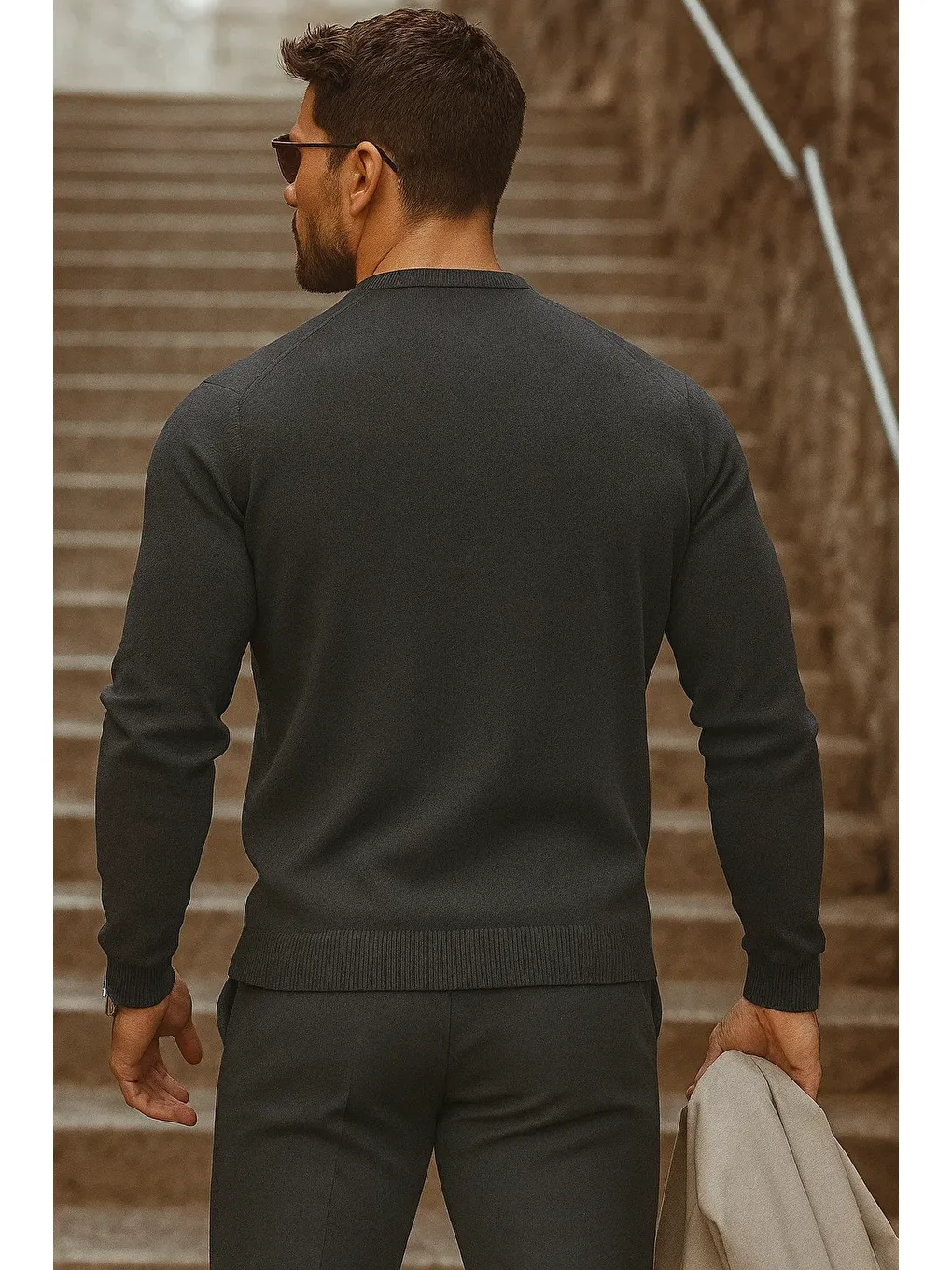 Gri Erkek Günlük Trend Bisiklet Yaka Füme Triko Kazak-4