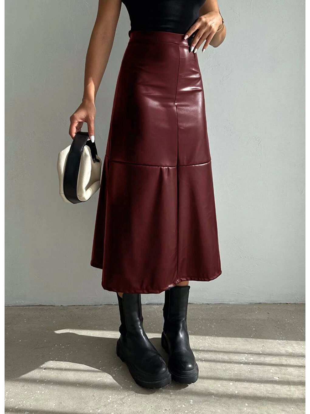 Kadın Bordo Midi Boy Fermuar Kapamalı Suni Deri Etek HZL25W-FRY121651-1