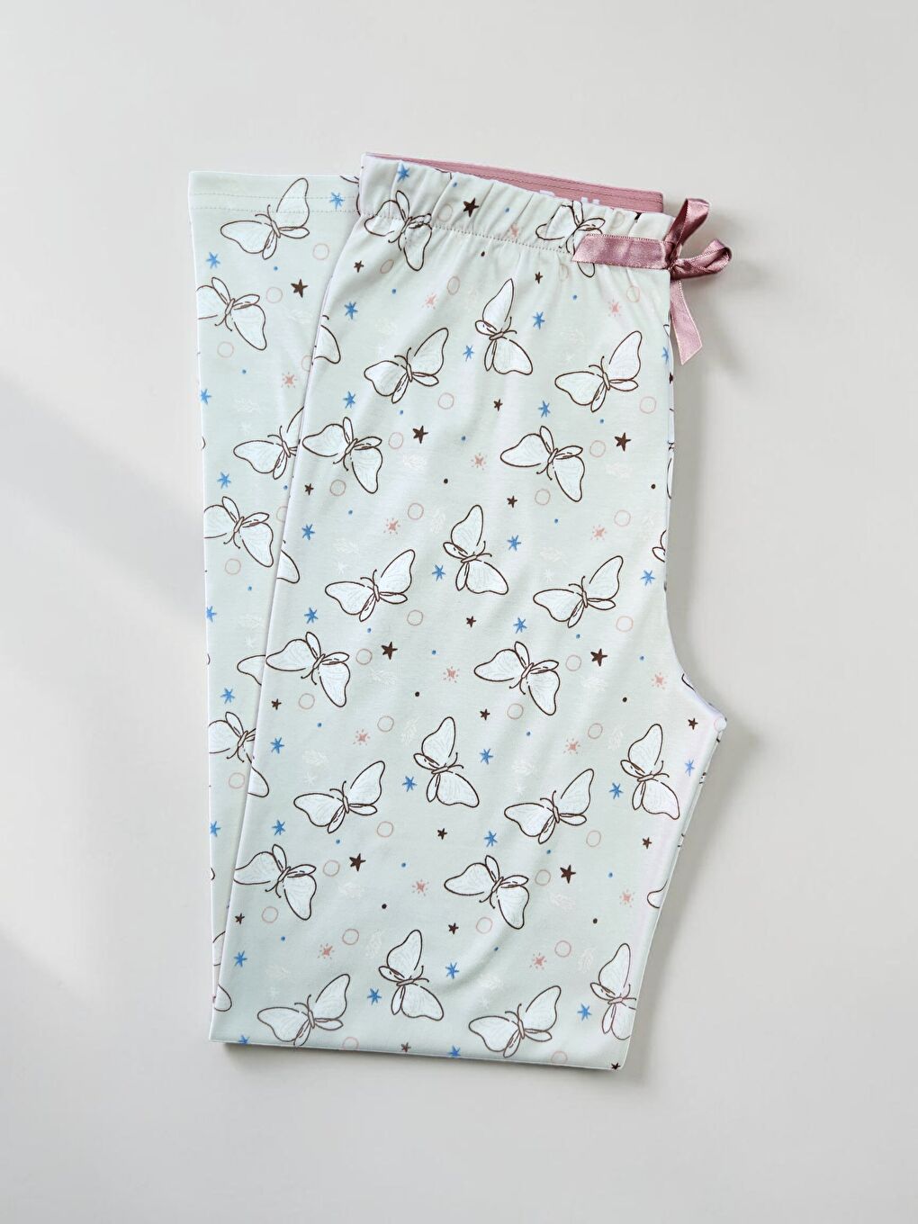 Ekru Kadın %100 Doğal Pamuk Desenli Kaliteli Düz Paça Pijama Altı-2