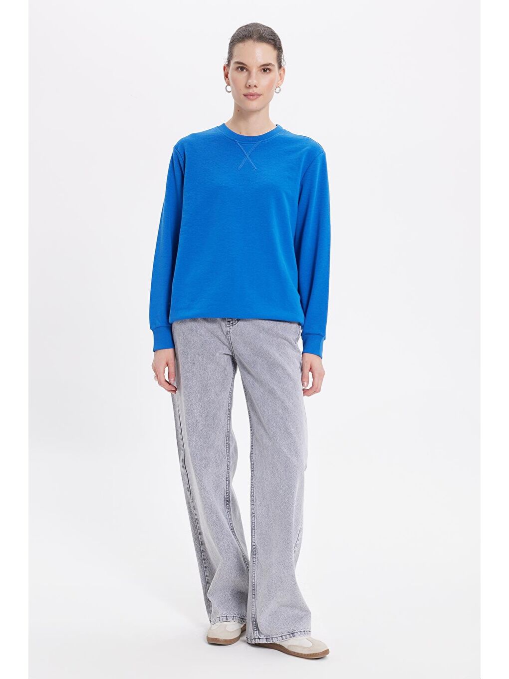 Kadın Oversize Geniş Kesim %100 Pamuk 3 İplik Basic Lacivert Bisiklet Yaka Sweatshirt-3