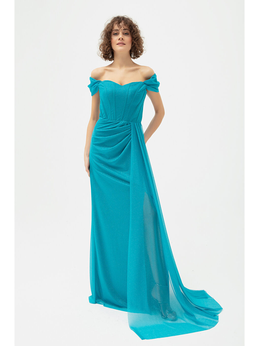 Kadın Turkuaz Balen Korse Detaylı Simli Uzun Abiye Elbise-1