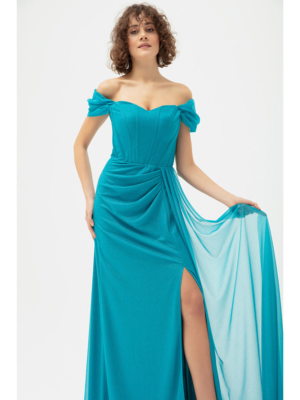 Kadın Turkuaz Balen Korse Detaylı Simli Uzun Abiye Elbise-2