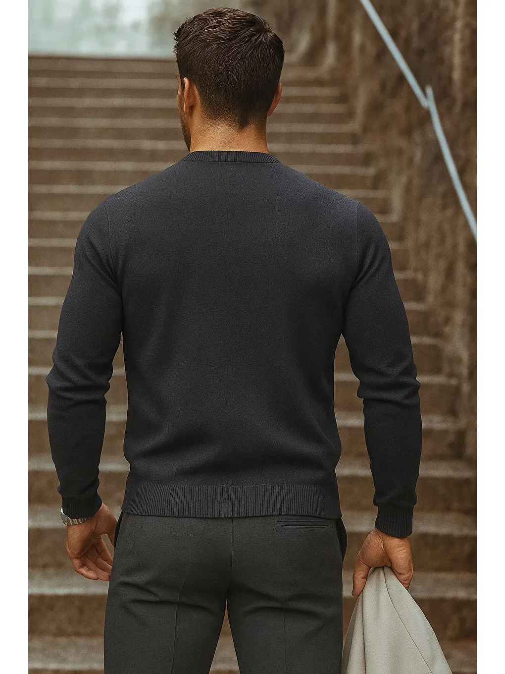 Gri Erkek Günlük Trend Bisiklet Yaka Füme Triko Kazak-5