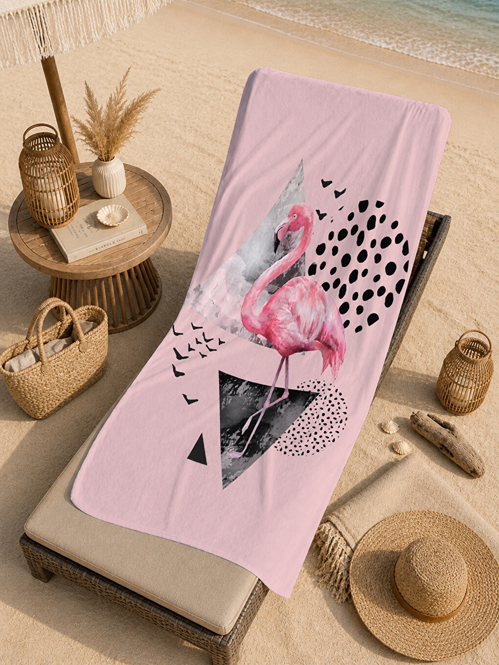 Modern Pembe Flamingo Geometrik Yazlık Desenli 70x150 Plaj Havlusu - Pamuklu Banyo Havlusu