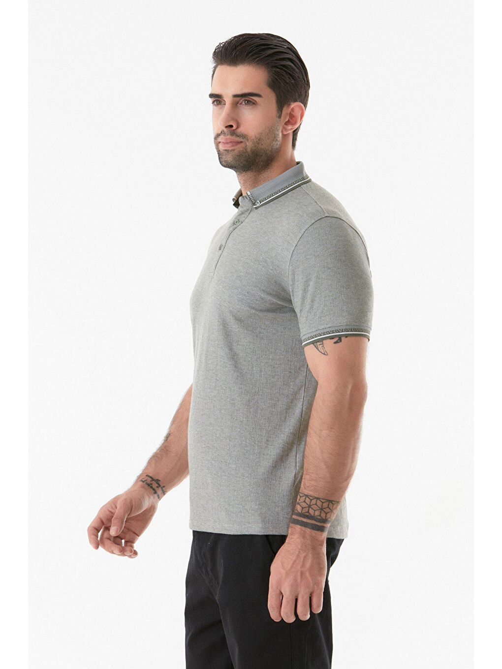 Haki Basic Polo Yaka Düğmeli Tişört-4