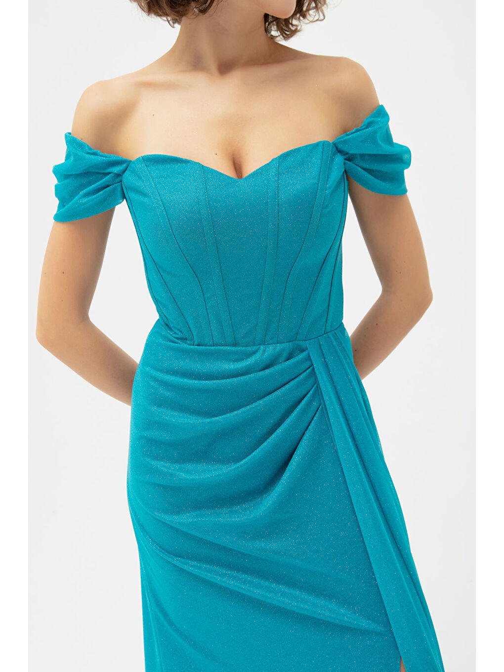 Kadın Turkuaz Balen Korse Detaylı Simli Uzun Abiye Elbise-3