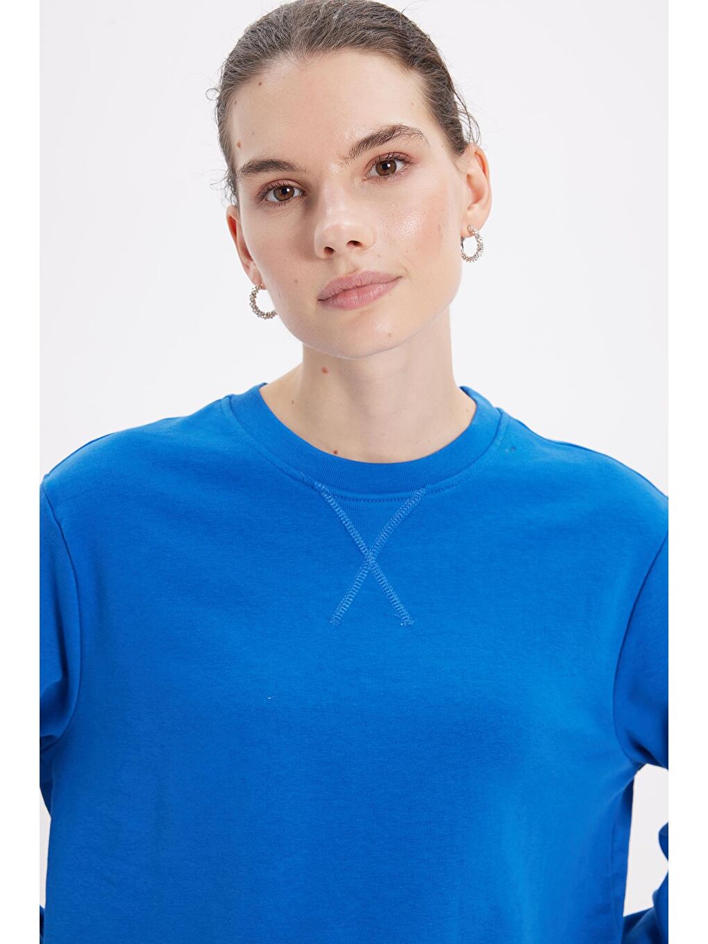 Kadın Oversize Geniş Kesim %100 Pamuk 3 İplik Basic Lacivert Bisiklet Yaka Sweatshirt-4