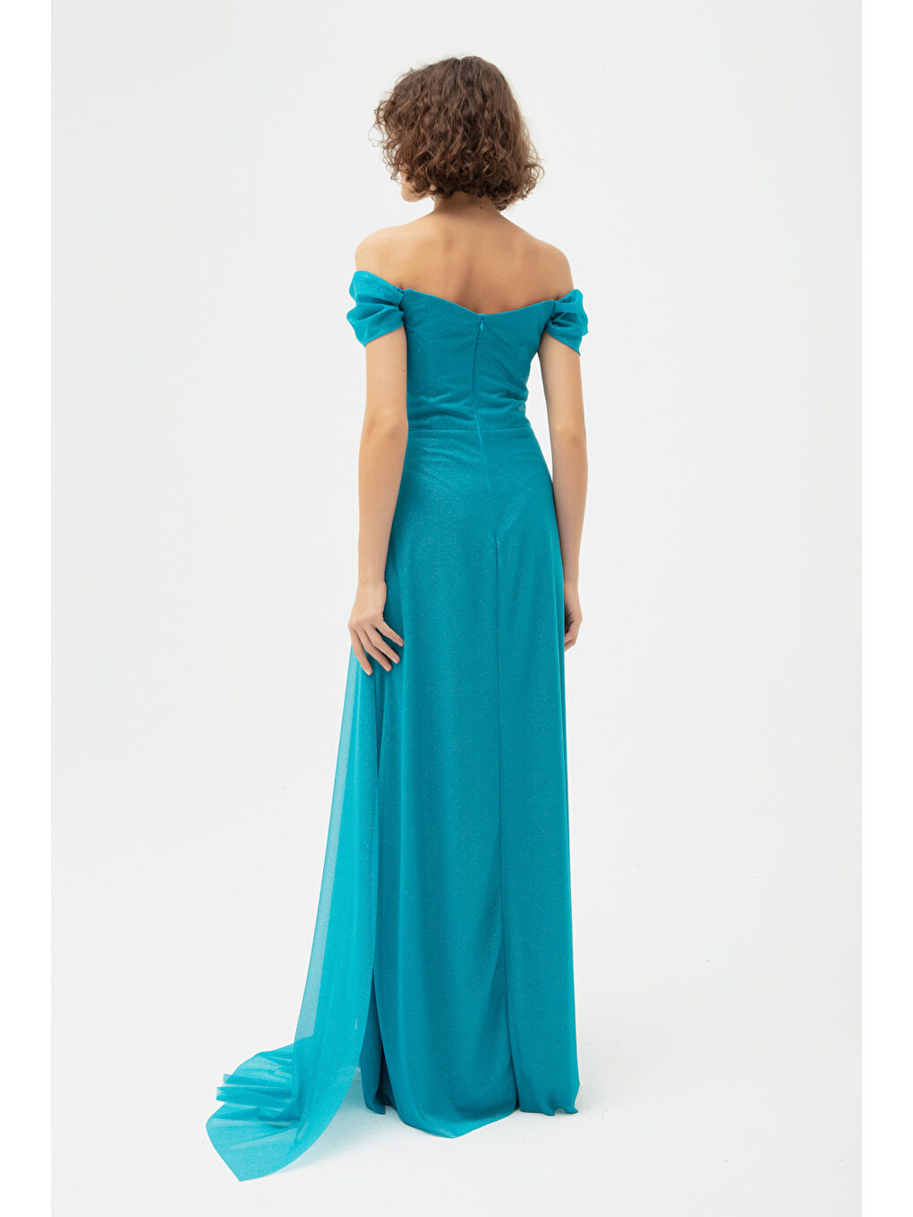 Kadın Turkuaz Balen Korse Detaylı Simli Uzun Abiye Elbise-4