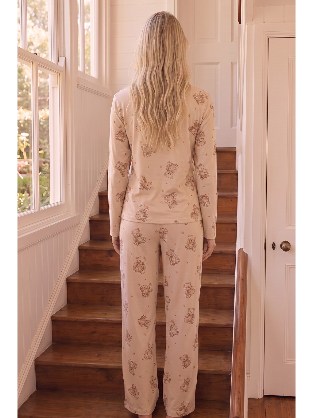 Ekru Krem Desenli Termal Kumaşlı Ultra Soft Yumuşak Örme Pijama Takımı-2
