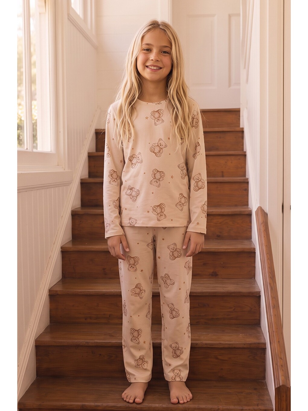 Ekru Krem Desenli Termal Kumaşlı Ultra Soft Yumuşak Örme Pijama Takımı-3