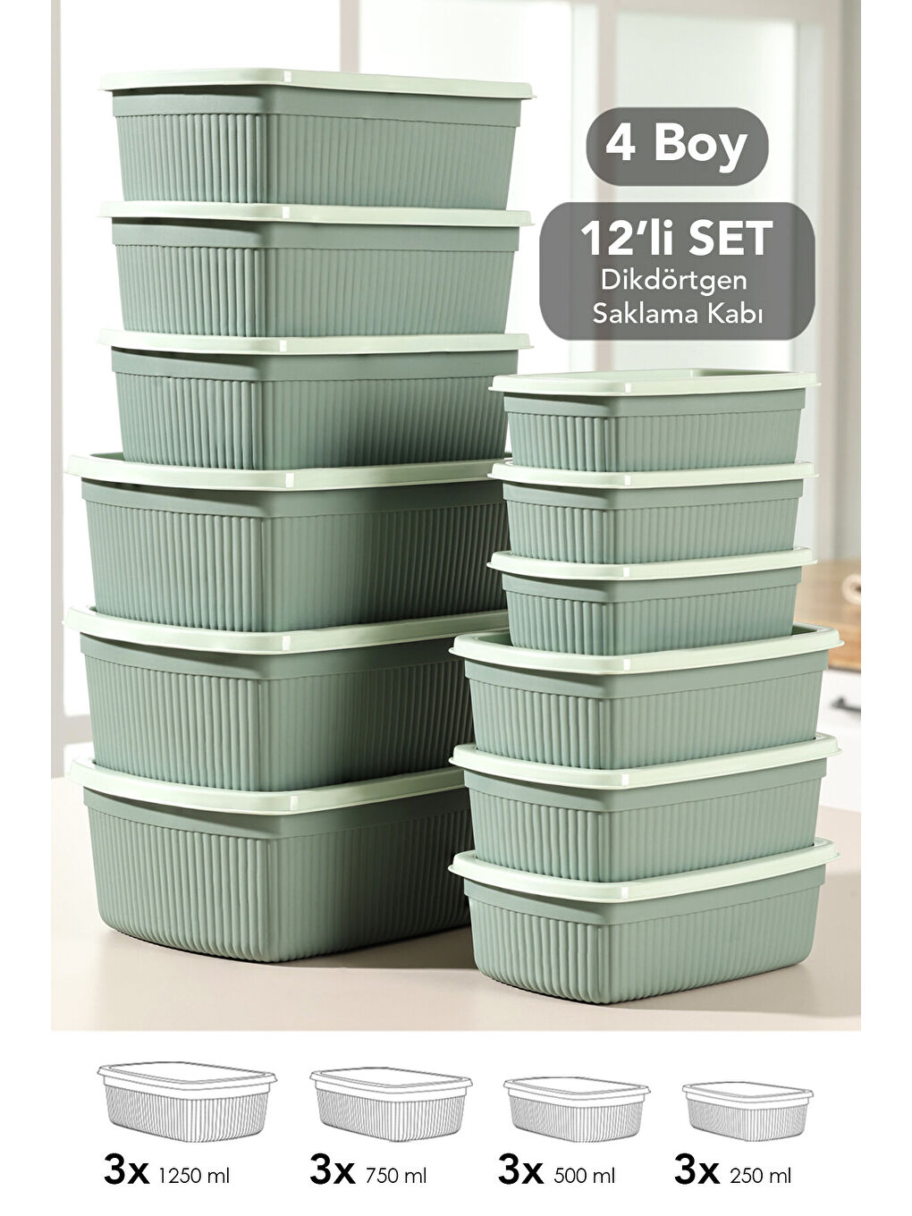 Yeşil 12'li Çizgili Dikdörtgen Gıda Saklama Kabı Seti