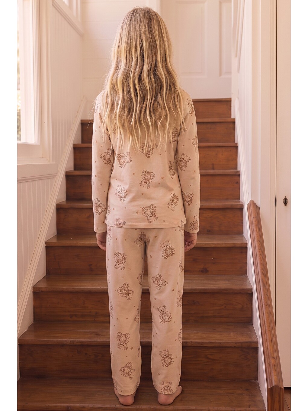 Ekru Krem Desenli Termal Kumaşlı Ultra Soft Yumuşak Örme Pijama Takımı-4