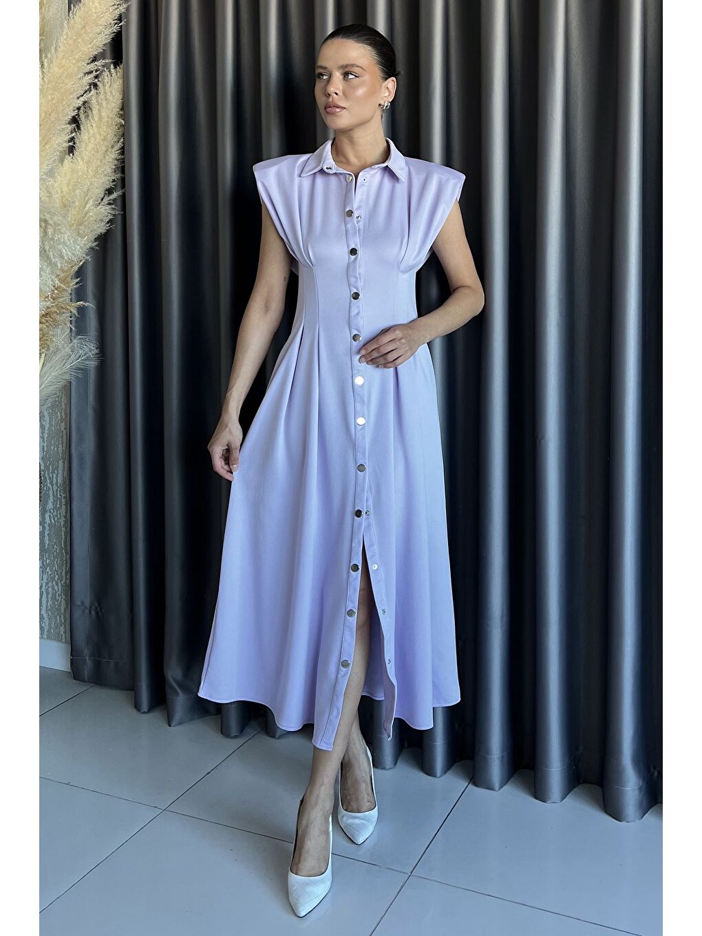 Lila Pileli Ön Çıtçıtlı Sıfır Kol Kadın Elbise-1