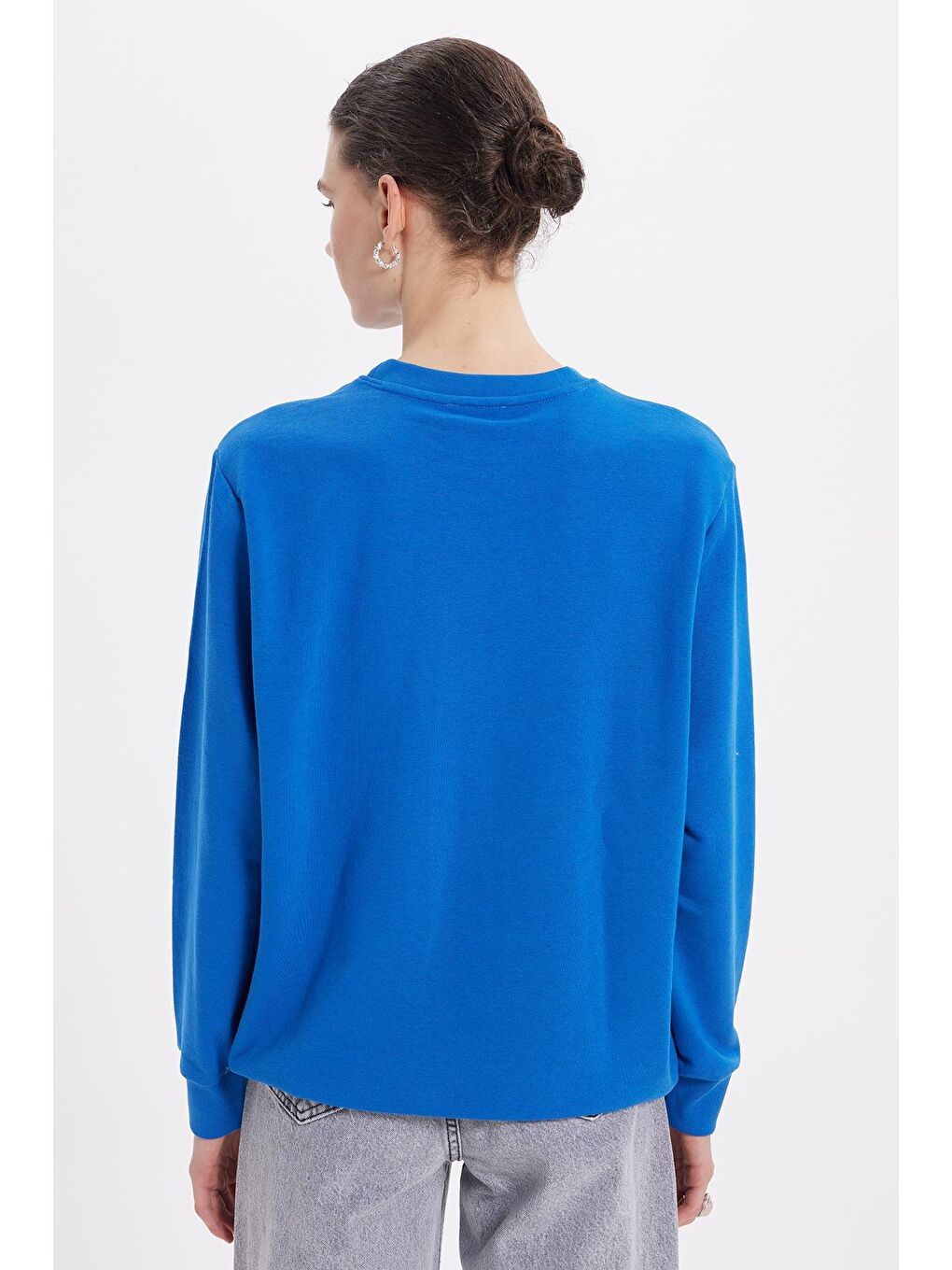 Kadın Oversize Geniş Kesim %100 Pamuk 3 İplik Basic Lacivert Bisiklet Yaka Sweatshirt-6