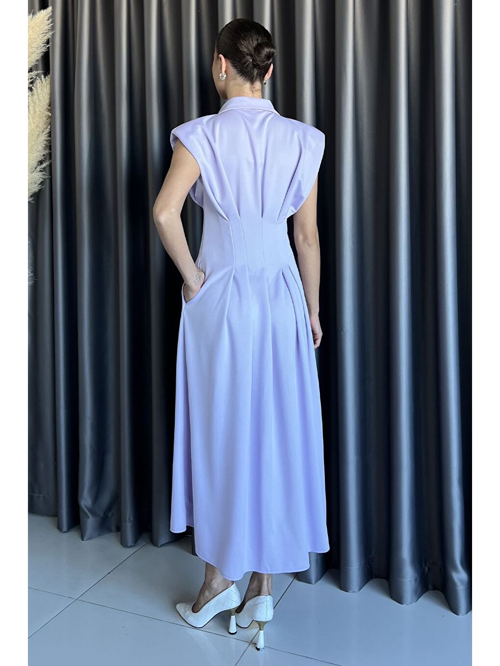 Lila Pileli Ön Çıtçıtlı Sıfır Kol Kadın Elbise-2